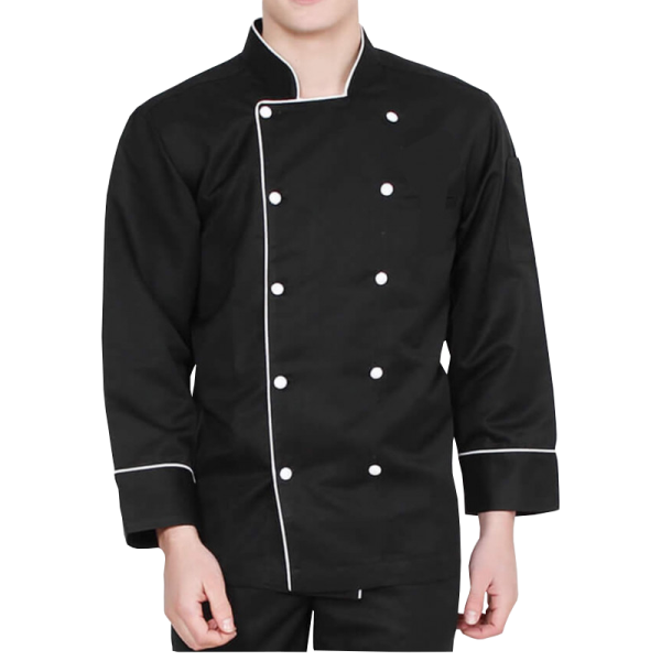 CHEF JACKET BLACK WITH WHITE PIPING     <br> شيف جاكيت أسود بـ أبيض تطريز