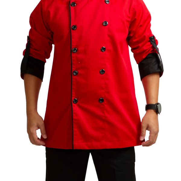 CHEF JACKET RED WITH BLACK PIPING      <br> شيف جاكيت أحمر بـ أسود تطريز