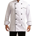 CHEF JACKET WHITE WITH BLACK PIPING  <br> شيف جاكيت أبيض بـ أسود تطريز