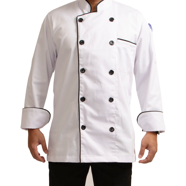 CHEF JACKET WHITE WITH BLACK PIPING  <br> شيف جاكيت أبيض بـ أسود تطريز